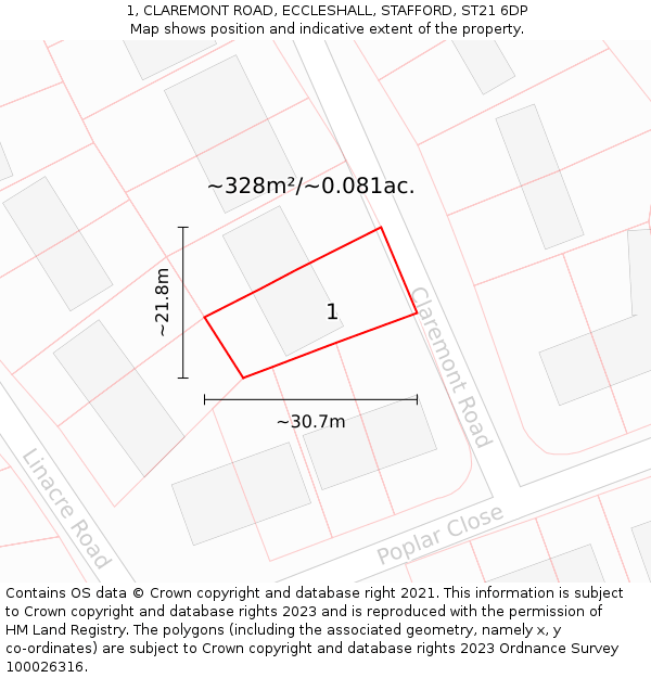 1, CLAREMONT ROAD, ECCLESHALL, STAFFORD, ST21 6DP: Plot and title map