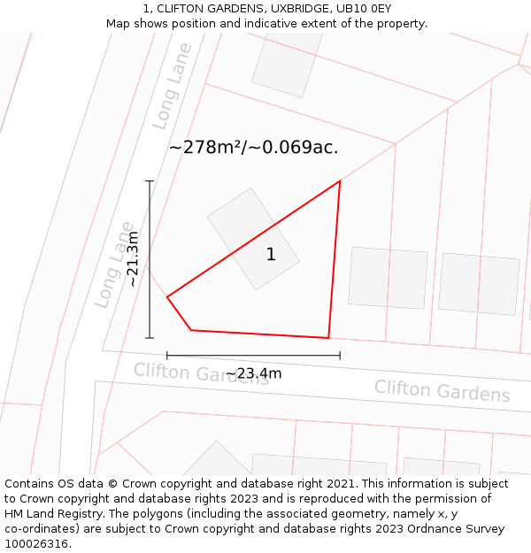 1, CLIFTON GARDENS, UXBRIDGE, UB10 0EY: Plot and title map