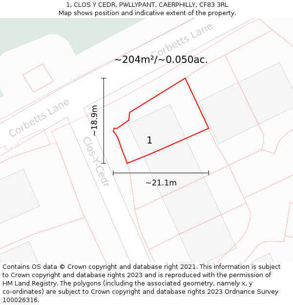 1, CLOS Y CEDR, PWLLYPANT, CAERPHILLY, CF83 3RL: Plot and title map