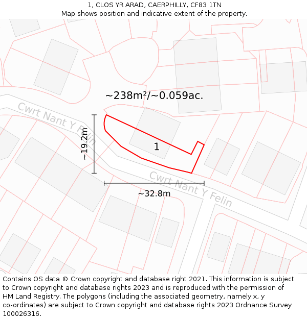 1, CLOS YR ARAD, CAERPHILLY, CF83 1TN: Plot and title map