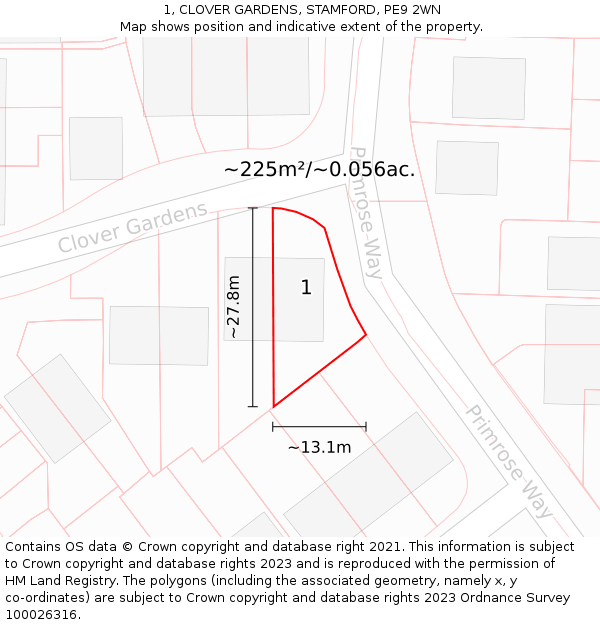 1, CLOVER GARDENS, STAMFORD, PE9 2WN: Plot and title map