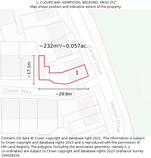 1, CLOVER WAY, KEMPSTON, BEDFORD, MK42 7FZ: Plot and title map