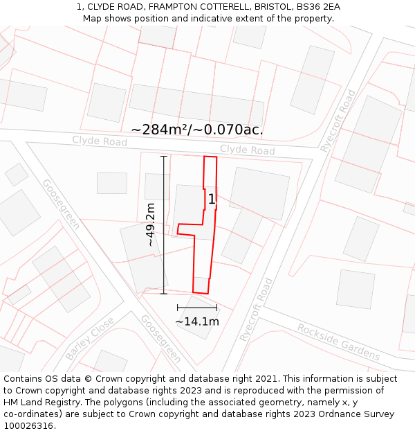 1, CLYDE ROAD, FRAMPTON COTTERELL, BRISTOL, BS36 2EA: Plot and title map