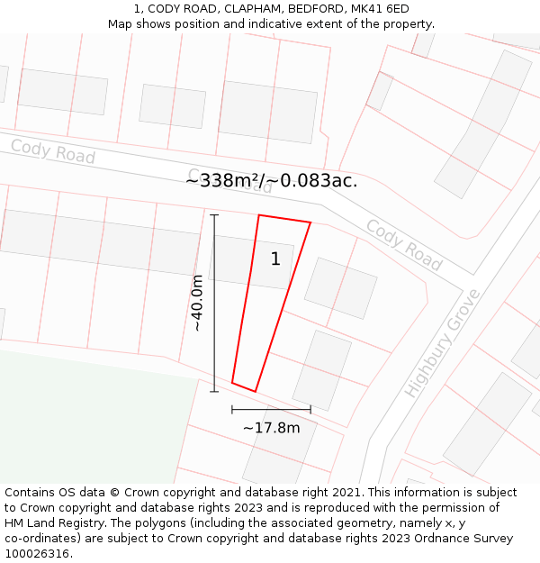 1, CODY ROAD, CLAPHAM, BEDFORD, MK41 6ED: Plot and title map