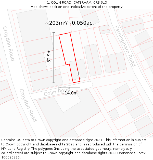 1, COLIN ROAD, CATERHAM, CR3 6LQ: Plot and title map