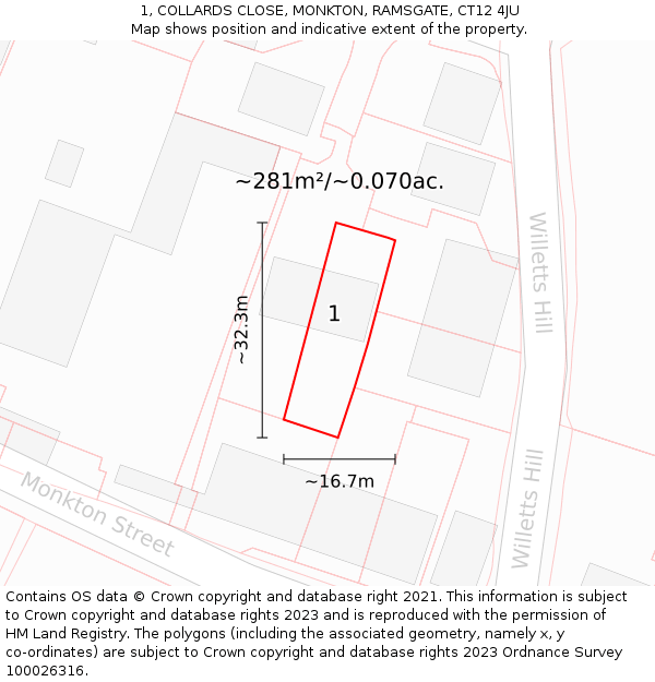 1, COLLARDS CLOSE, MONKTON, RAMSGATE, CT12 4JU: Plot and title map