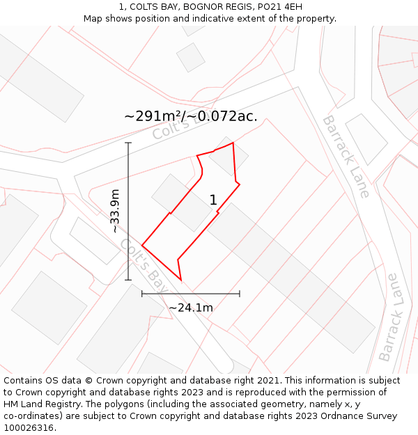 1, COLTS BAY, BOGNOR REGIS, PO21 4EH: Plot and title map