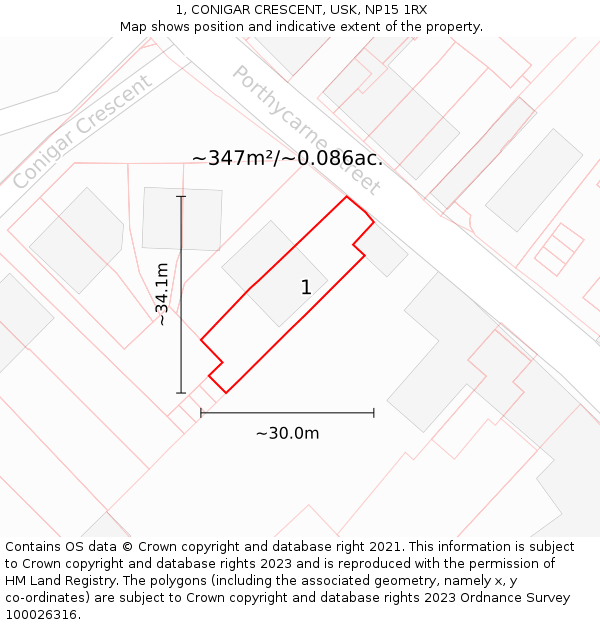 1, CONIGAR CRESCENT, USK, NP15 1RX: Plot and title map