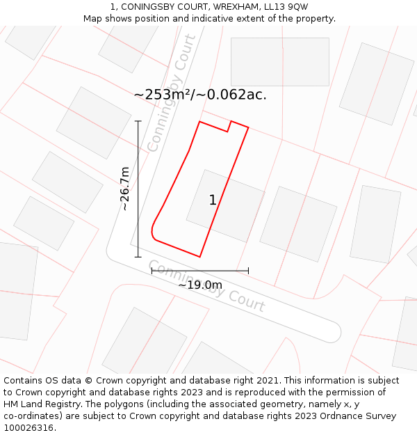 1, CONINGSBY COURT, WREXHAM, LL13 9QW: Plot and title map