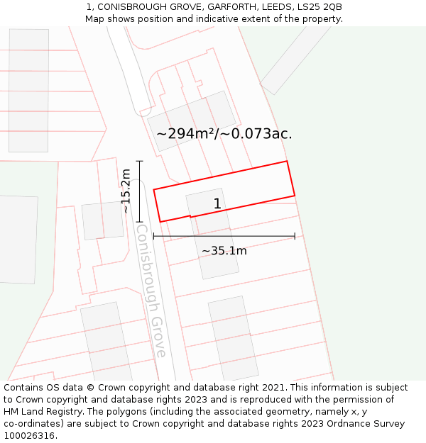 1, CONISBROUGH GROVE, GARFORTH, LEEDS, LS25 2QB: Plot and title map