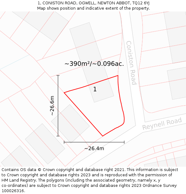 1, CONISTON ROAD, OGWELL, NEWTON ABBOT, TQ12 6YJ: Plot and title map