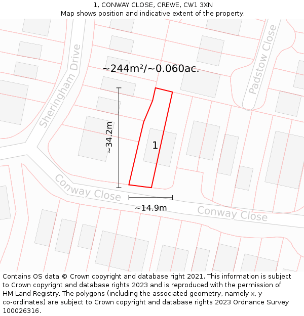 1, CONWAY CLOSE, CREWE, CW1 3XN: Plot and title map