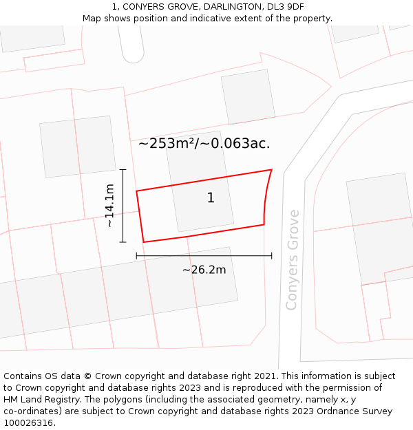 1, CONYERS GROVE, DARLINGTON, DL3 9DF: Plot and title map