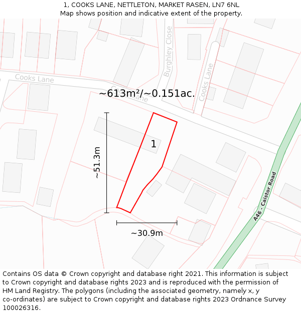 1, COOKS LANE, NETTLETON, MARKET RASEN, LN7 6NL: Plot and title map