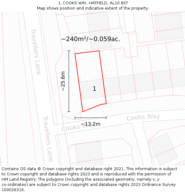 1, COOKS WAY, HATFIELD, AL10 8XT: Plot and title map