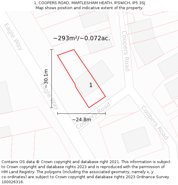 1, COOPERS ROAD, MARTLESHAM HEATH, IPSWICH, IP5 3SJ: Plot and title map