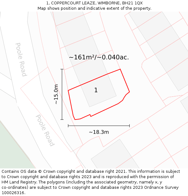 1, COPPERCOURT LEAZE, WIMBORNE, BH21 1QX: Plot and title map