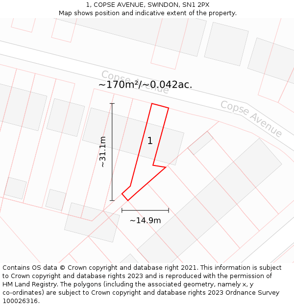 1, COPSE AVENUE, SWINDON, SN1 2PX: Plot and title map