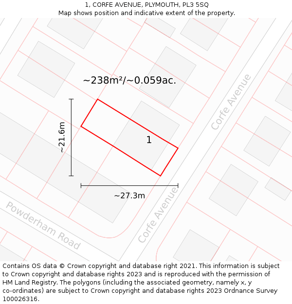 1, CORFE AVENUE, PLYMOUTH, PL3 5SQ: Plot and title map