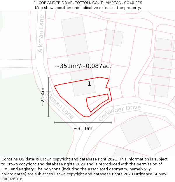 1, CORIANDER DRIVE, TOTTON, SOUTHAMPTON, SO40 8FS: Plot and title map