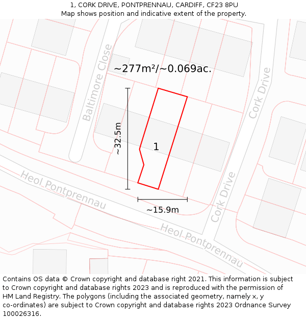 1, CORK DRIVE, PONTPRENNAU, CARDIFF, CF23 8PU: Plot and title map