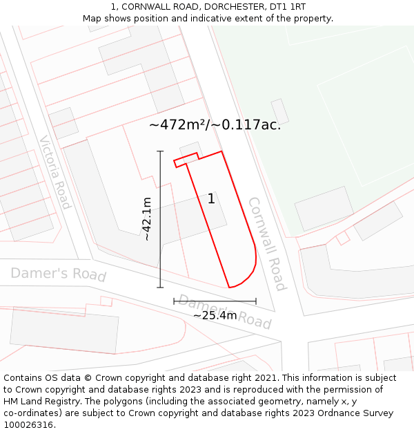 1, CORNWALL ROAD, DORCHESTER, DT1 1RT: Plot and title map