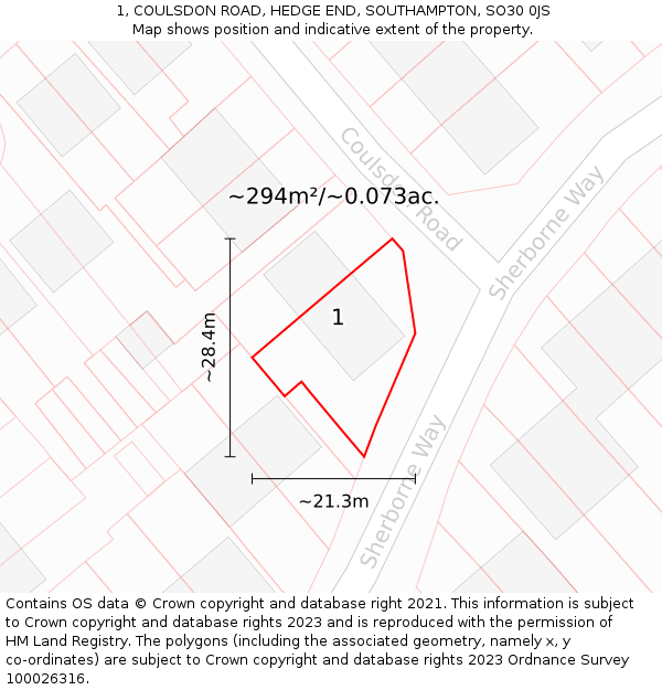 1, COULSDON ROAD, HEDGE END, SOUTHAMPTON, SO30 0JS: Plot and title map