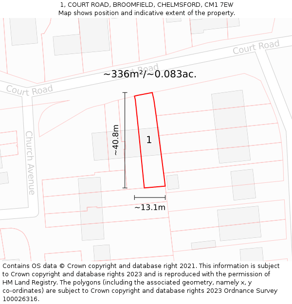 1, COURT ROAD, BROOMFIELD, CHELMSFORD, CM1 7EW: Plot and title map