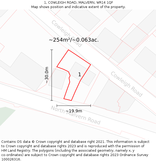 1, COWLEIGH ROAD, MALVERN, WR14 1QF: Plot and title map