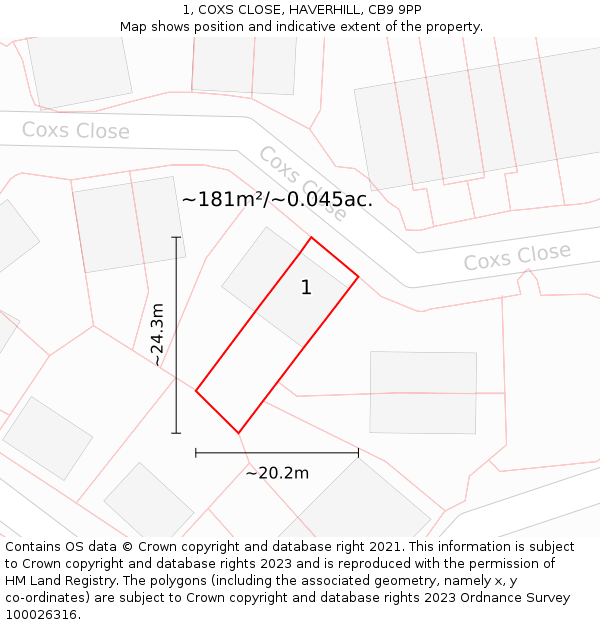 1, COXS CLOSE, HAVERHILL, CB9 9PP: Plot and title map