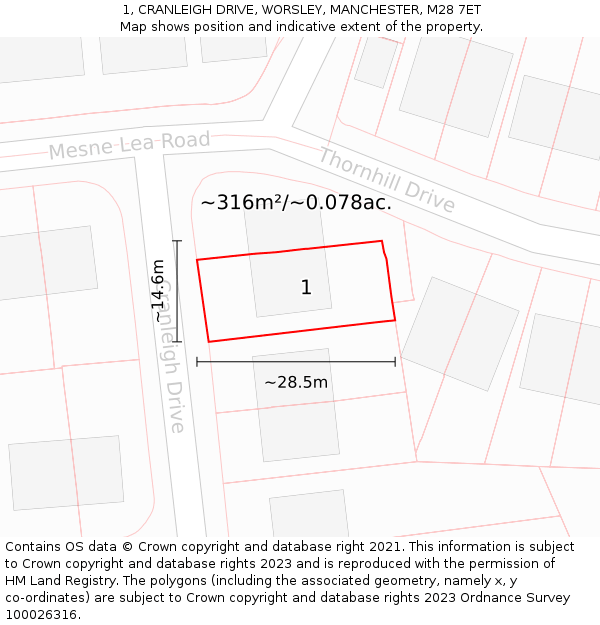 1, CRANLEIGH DRIVE, WORSLEY, MANCHESTER, M28 7ET: Plot and title map