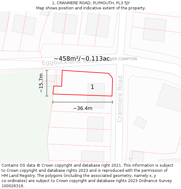 1, CRANMERE ROAD, PLYMOUTH, PL3 5JY: Plot and title map