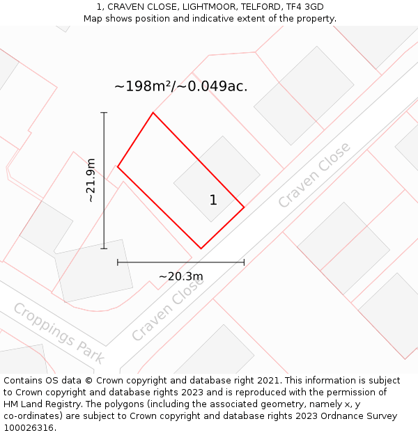 1, CRAVEN CLOSE, LIGHTMOOR, TELFORD, TF4 3GD: Plot and title map