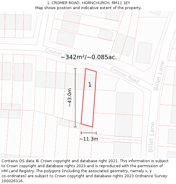 1, CROMER ROAD, HORNCHURCH, RM11 1EY: Plot and title map