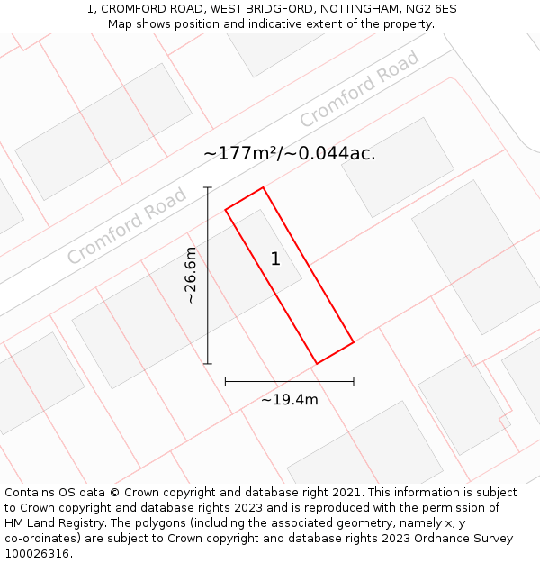 1, CROMFORD ROAD, WEST BRIDGFORD, NOTTINGHAM, NG2 6ES: Plot and title map