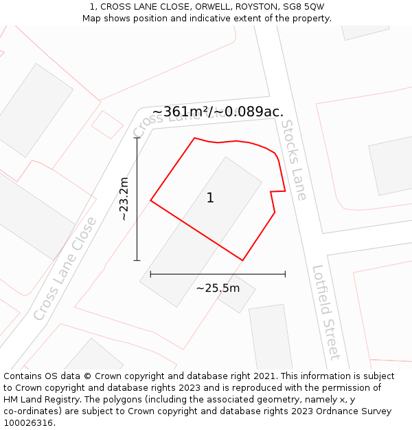 1, CROSS LANE CLOSE, ORWELL, ROYSTON, SG8 5QW: Plot and title map