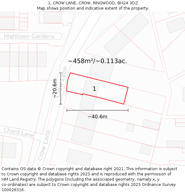 1, CROW LANE, CROW, RINGWOOD, BH24 3DZ: Plot and title map