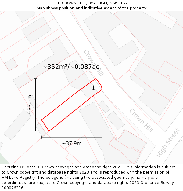 1, CROWN HILL, RAYLEIGH, SS6 7HA: Plot and title map