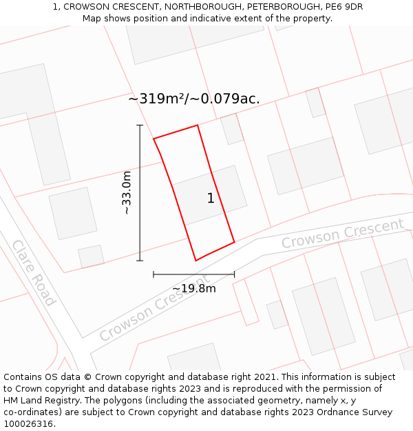 1, CROWSON CRESCENT, NORTHBOROUGH, PETERBOROUGH, PE6 9DR: Plot and title map