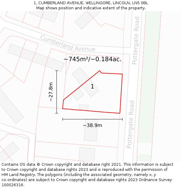 1, CUMBERLAND AVENUE, WELLINGORE, LINCOLN, LN5 0BL: Plot and title map