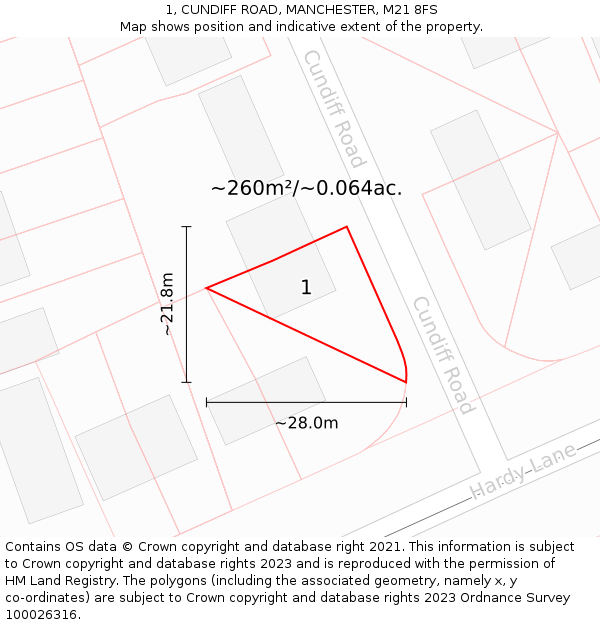 1, CUNDIFF ROAD, MANCHESTER, M21 8FS: Plot and title map