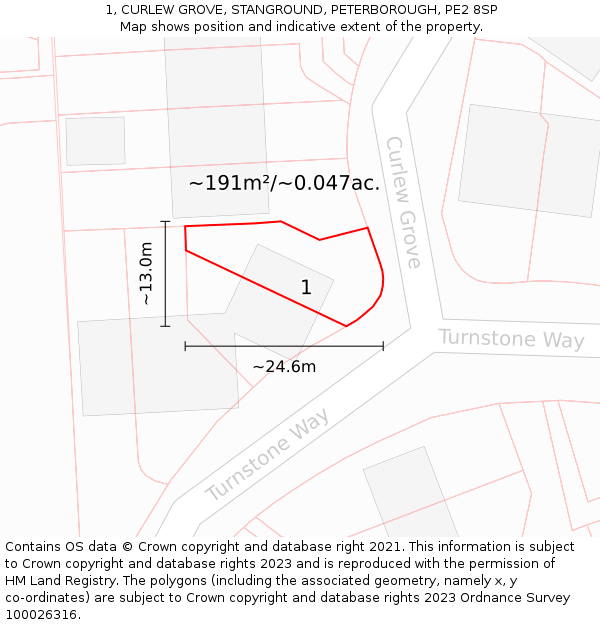 1, CURLEW GROVE, STANGROUND, PETERBOROUGH, PE2 8SP: Plot and title map