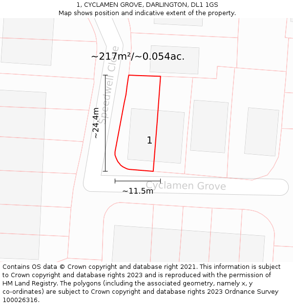 1, CYCLAMEN GROVE, DARLINGTON, DL1 1GS: Plot and title map