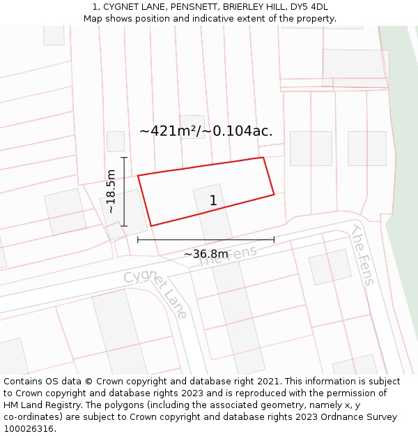 1, CYGNET LANE, PENSNETT, BRIERLEY HILL, DY5 4DL: Plot and title map