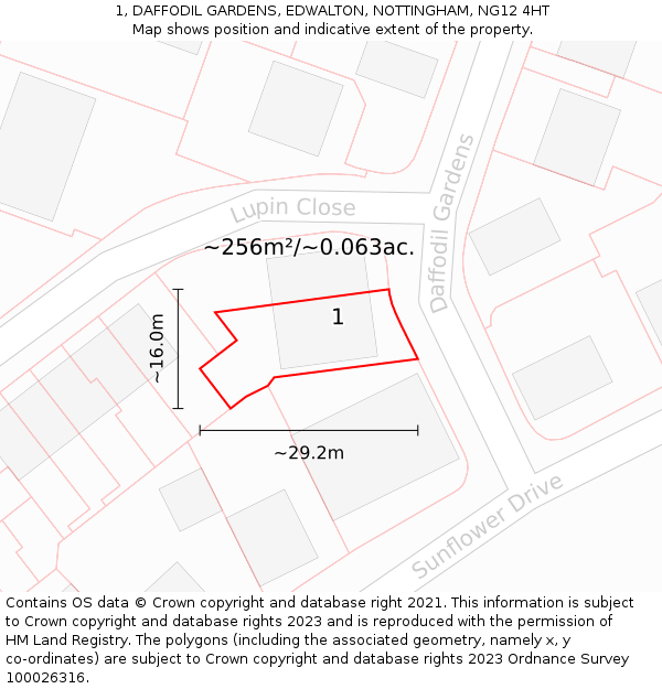 1, DAFFODIL GARDENS, EDWALTON, NOTTINGHAM, NG12 4HT: Plot and title map