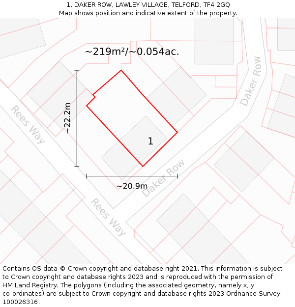 1, DAKER ROW, LAWLEY VILLAGE, TELFORD, TF4 2GQ: Plot and title map