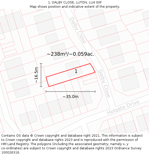 1, DALBY CLOSE, LUTON, LU4 0XF: Plot and title map