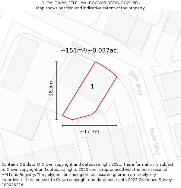 1, DALE WAY, FELPHAM, BOGNOR REGIS, PO22 8FU: Plot and title map