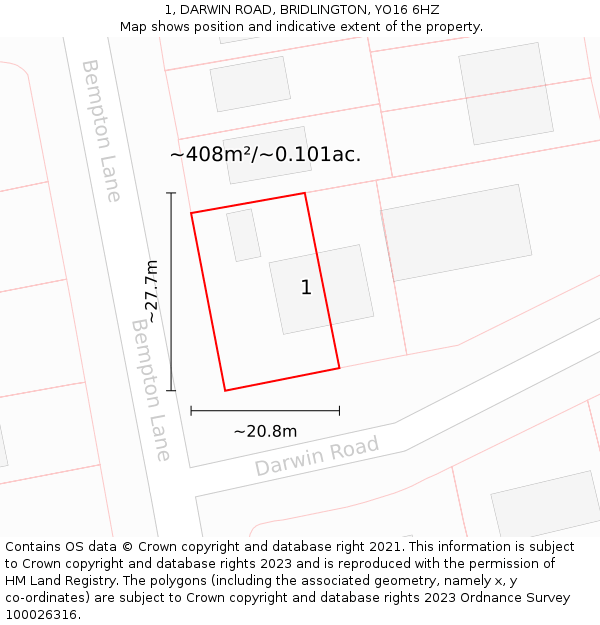 1, DARWIN ROAD, BRIDLINGTON, YO16 6HZ: Plot and title map