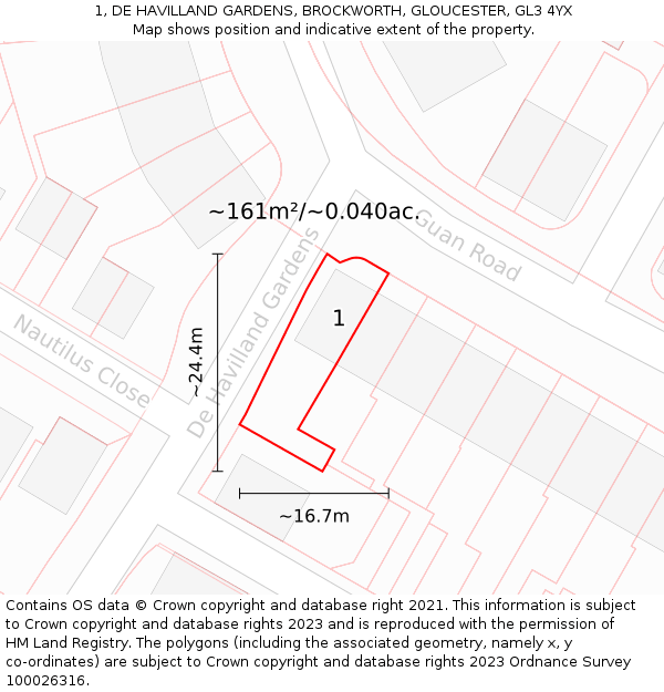 1, DE HAVILLAND GARDENS, BROCKWORTH, GLOUCESTER, GL3 4YX: Plot and title map